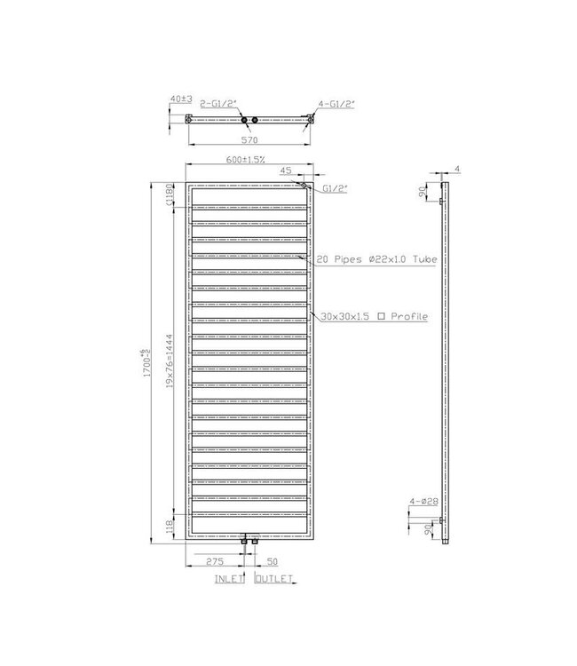 SANI-SUPPLY Design Handdoekradiator Antraciet 170x60cm 860 Watt SaniPro Bornova Midden Aansluiting