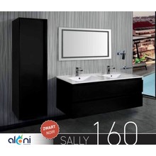 Creavit Sally Badkamermeubel Mat zwart 160x50x45cm met Solid Surface Wastafel met overloop zonder kraangat vier lades softclose.