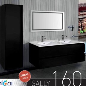 Creavit Sally Badkamermeubel Mat zwart 160x50x45cm met Solid Surface Wastafel met overloop zonder kraangat vier lades softclose.