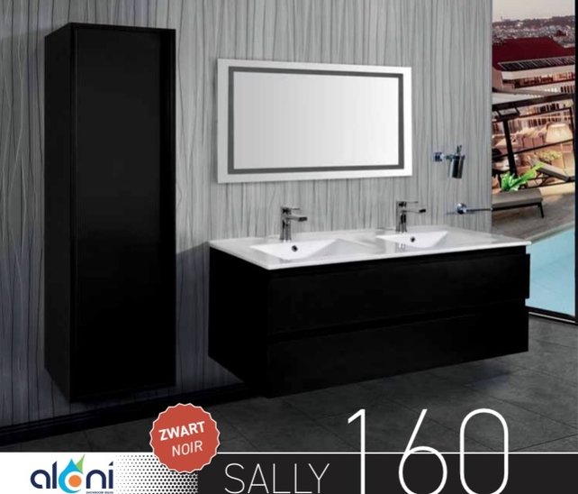 Creavit Sally Badkamermeubel Mat zwart 160x50x45cm met Solid Surface Wastafel met overloop zonder kraangat vier lades softclose.