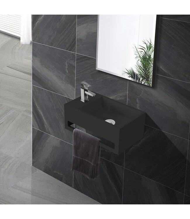 Fontein Toilet Mat Zwart Kraangat Links met handdoekhouder - Toiletmeubel WC Solid Surface 36x16cm