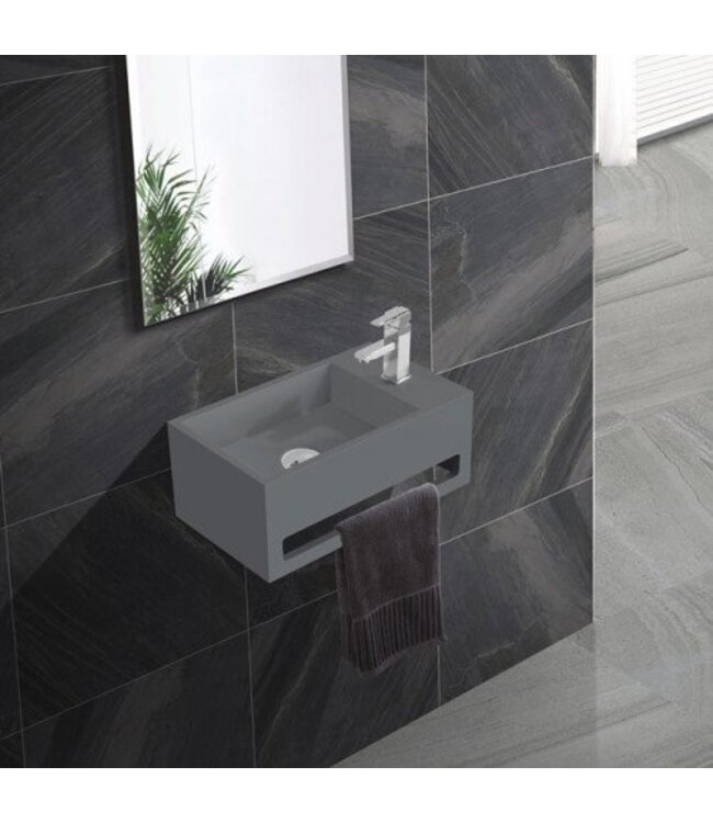 Fontein Toilet Mat Zwart Kraangat Links met handdoekhouder - Toiletmeubel WC Solid Surface 36x16cm