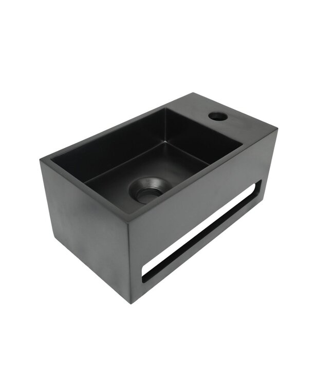 Fontein Toilet Mat Zwart Kraangat Rechts met handdoekhouder - Toiletmeubel WC Solid Surface 36x16cm