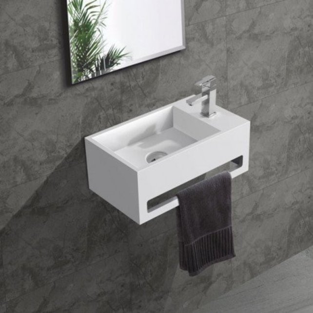 Fontein Toilet Mat Zwart Kraangat Rechts met handdoekhouder - Toiletmeubel WC Solid Surface 36x16cm