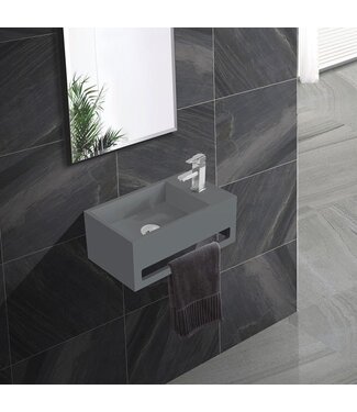 Fontein Toilet Betonlook Kraangat Rechts met handdoekhouder - Toiletmeubel WC Solid Surface 36x16cm