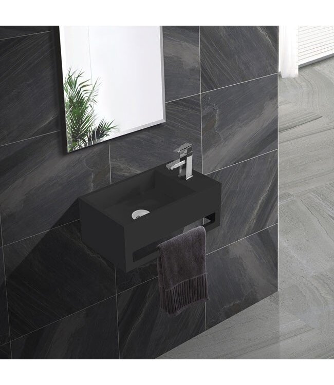 Fontein Toilet Betonlook Kraangat Rechts met handdoekhouder - Toiletmeubel WC Solid Surface 36x16cm