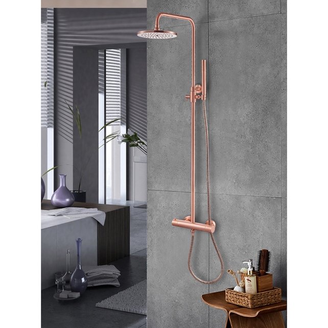 Copper Regendoucheset Opbouw Geborsteld Koper 20cm Rond Compleet met Thermostaatkraan Glijstang Regendouche Handdouche