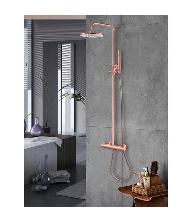 SANI-SUPPLY Copper Regendoucheset Opbouw Geborsteld Koper 20cm Rond Compleet met Thermostaatkraan Glijstang Regendouche Handdouche
