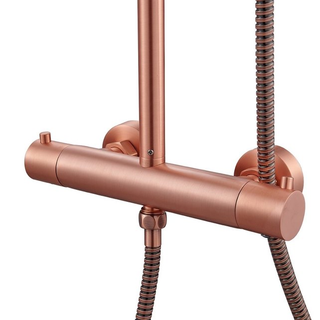 Copper Regendoucheset Opbouw Geborsteld Koper 20cm Rond Compleet met Thermostaatkraan Glijstang Regendouche Handdouche