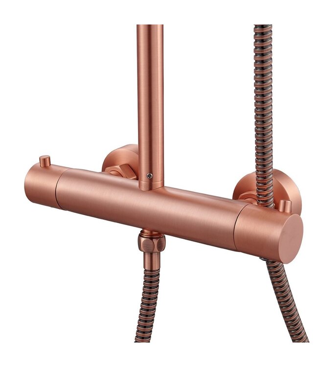 Copper Regendoucheset Opbouw Geborsteld Koper 20cm Rond Compleet met Thermostaatkraan Glijstang Regendouche Handdouche