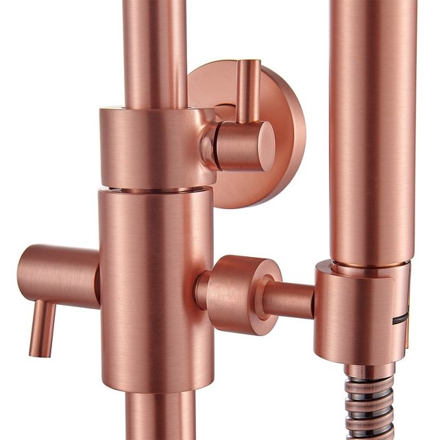 Copper Regendoucheset Opbouw Geborsteld Koper 20cm Rond Compleet met Thermostaatkraan Glijstang Regendouche Handdouche
