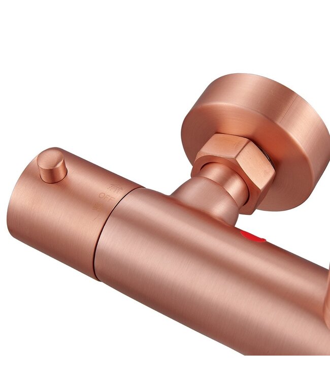 Copper Regendoucheset Opbouw Geborsteld Koper 20cm Rond Compleet met Thermostaatkraan Glijstang Regendouche Handdouche