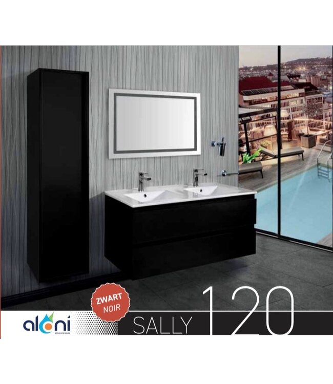 Creavit Sally Badkamermeubel Mat Zwart 120x50x45cm met Keramische Wastafel met 2 kraangaten met overloop twee lades softclose