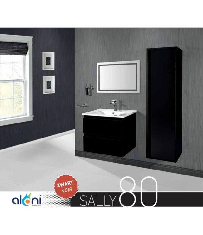 Creavit Sally Badkamermeubel Mat Zwart 80x50x45cm met Keramische Wastafel met 1 kraangat met overloop twee lades softclose