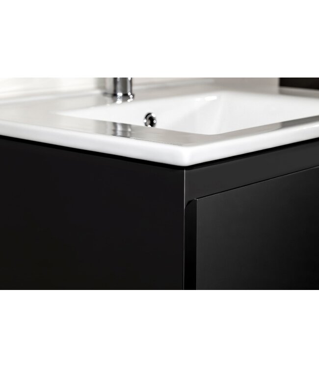 Creavit Sally Badkamermeubel Mat Zwart 80x50x45cm met Keramische Wastafel met 1 kraangat met overloop twee lades softclose