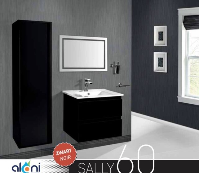 Creavit Sally Badkamermeubel Mat Zwart 60x50x45cm met Keramische Wastafel met 1 kraangat met overloop twee lades softclose