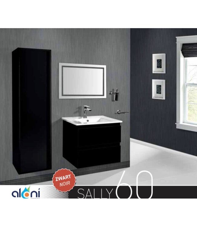 Creavit Sally Badkamermeubel Mat Zwart 60x50x45cm met Keramische Wastafel met 1 kraangat met overloop twee lades softclose