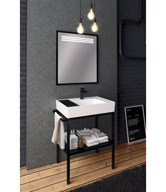 CREAVIT Badkamermeubel Arya Zwart 68x85x45 Compleet set Spiegel Stalen frame en wastafel met 1 kraangat overloop