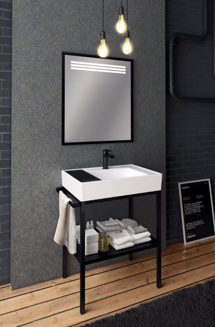 Badkamermeubel Arya Zwart 68x85x45 Compleet set Spiegel Stalen frame en wastafel met 1 kraangat overloop