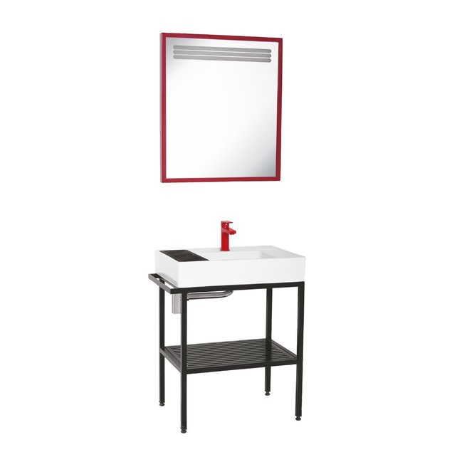 Badkamermeubel Arya Zwart 68x85x45 Compleet set Spiegel Stalen frame en wastafel met 1 kraangat overloop