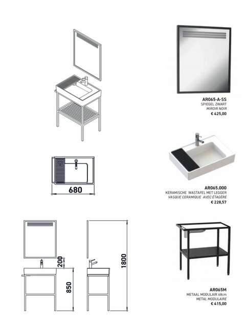 Badkamermeubel Arya Zwart 68x85x45 Compleet set Spiegel Stalen frame en wastafel met 1 kraangat overloop