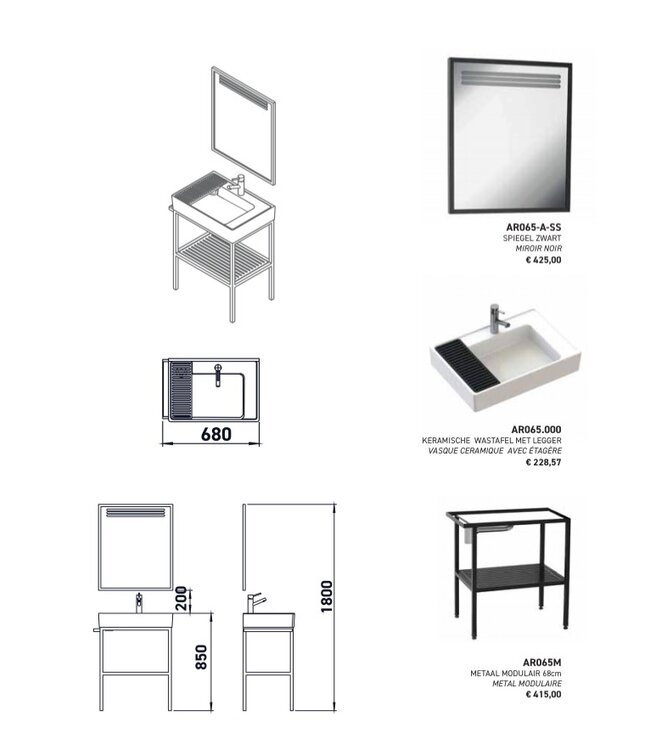 CREAVIT Badkamermeubel Arya Zwart 68x85x45 Compleet set Spiegel Stalen frame en wastafel met 1 kraangat overloop