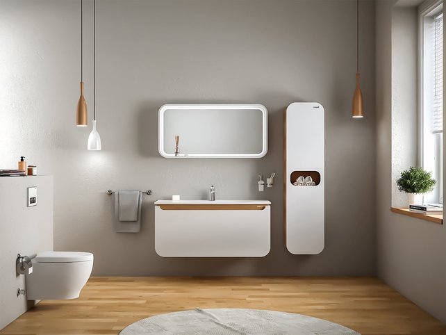 Design Badkamermeubel Set Pion Wit 120x85x53cm met Spiegel led verlichting en kolomkast 1 kraangat