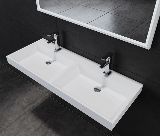 Wastafel Pearl 120x47x8 cm Solid Surface met dubbele wasbak met twee kraangaten overloop Wastafel Pearl 120x47x8 cm Solid Surface met dubbele wasbak met twee kraangaten overloop