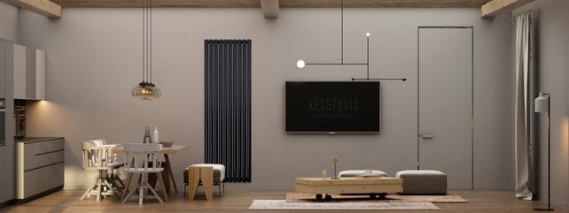 Designradiator Ovaal Verticaal Zwart Dubbel 180x47cm 1640 Watt Belrad Midden / Hoek aansuiting Omkeerbaar