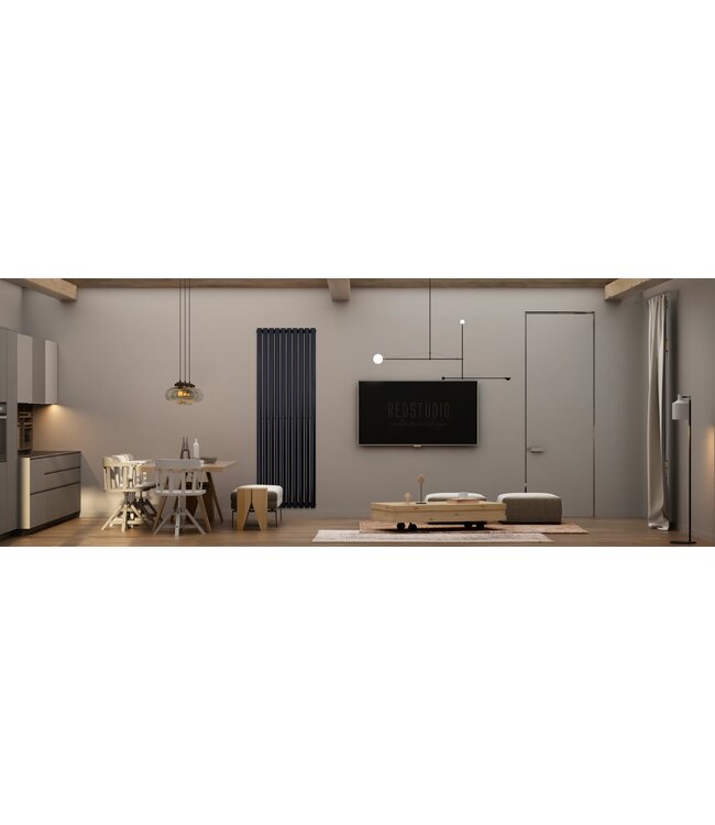 Designradiator Ovaal Verticaal Zwart Dubbel 180x47cm 1640 Watt Belrad Midden / Hoek aansuiting Omkeerbaar