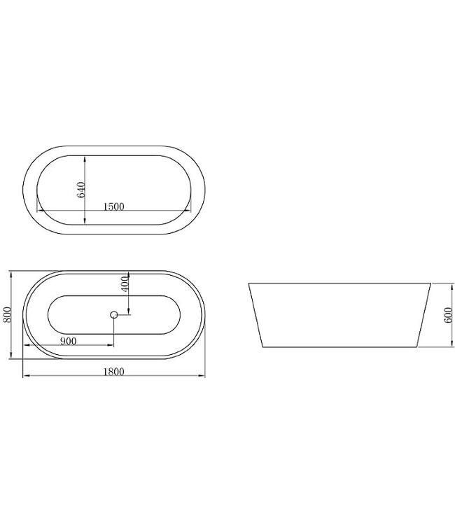 CREAVIT Vrijstaand Ligbad Ovaal 180x80x60cm Acryl Creavit Rondo Badkuip met overloop Vrijstaand incl. badsifon