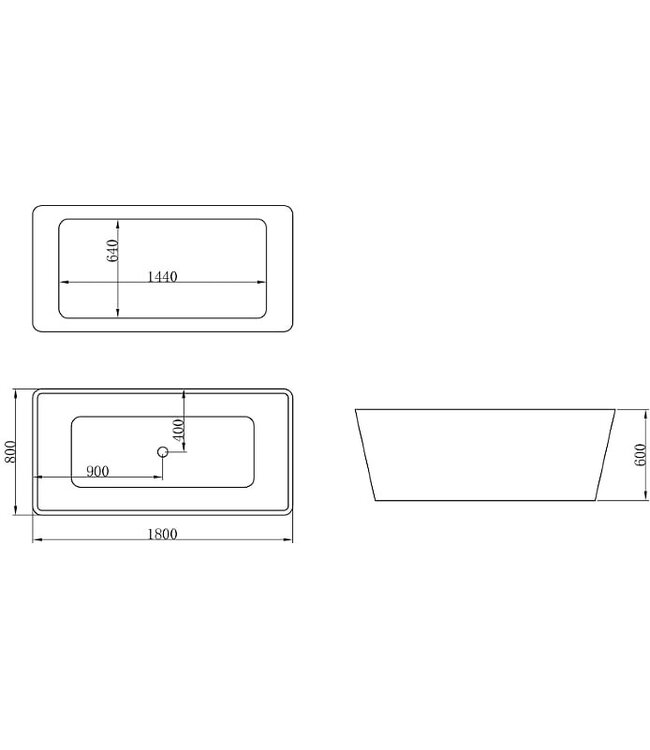 CREAVIT Vrijstaand Ligbad Vierkant 180x80x60cm Acryl Creavit Quadro Badkuip met overloop Vrijstaand incl. badsifon