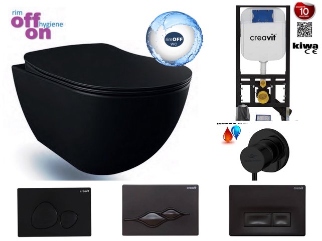 Bidet Toiletset Hangtoilet Mat Zwart Randloos met Creavit GP5003 + Drukplaat + WC bril Softclose Bidet Toiletset Hangtoilet Mat Zwart Randloos met Creavit GP5003 + Drukplaat + WC bril Softclose