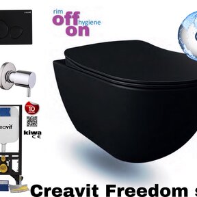 Hangtoiletset Mat Zwart met Bidet Toiletset Randloos Creavit Freedom met GP5003 + Drukplaat + WC bril Softclose