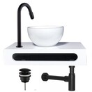 SaniPro PARRO Mini Toilet Fonteinset met Handdoekhouder Solidsurface waskom Zwarte Kraan met draaiknop Pushup en Sifon 40x22x8cm