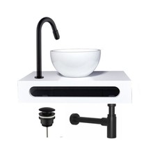 SaniPro PARRO Mini Toilet Fonteinset met Handdoekhouder Solidsurface waskom Zwarte Kraan met draaiknop Pushup en Sifon 40x22x8cm