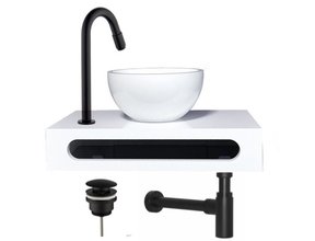 SaniPro PARRO Mini Toilet Fonteinset met Handdoekhouder Solidsurface waskom Zwarte Kraan met draaiknop Pushup en Sifon 40x22x8cm