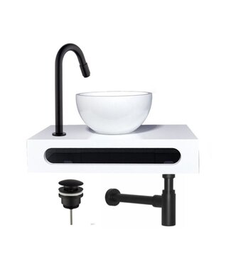 SANI-SUPPLY SaniPro PARRO Mini Toilet Fonteinset met Handdoekhouder Solidsurface waskom Zwarte Kraan met draaiknop Pushup en Sifon 40x22x8cm