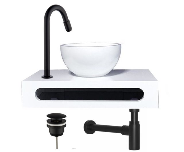 SaniPro PARRO Mini Toilet Fonteinset met Handdoekhouder Solidsurface waskom Zwarte Kraan met draaiknop Pushup en Sifon 40x22x8cm