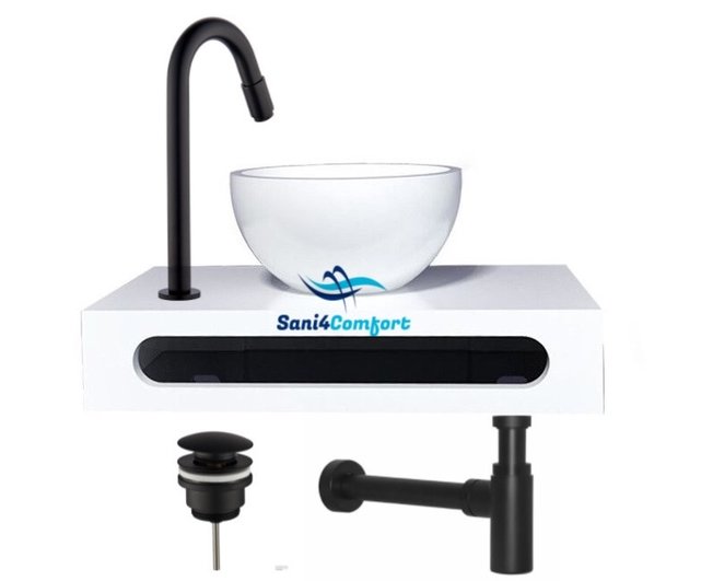 SaniPro PARRO Mini Toilet Fonteinset met Handdoekhouder Solidsurface waskom Zwarte Kraan met draaiknop Pushup en Sifon 40x22x8cm