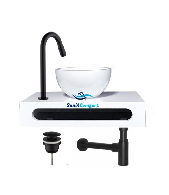 SaniPro PARRO Mini Toilet Fonteinset met Handdoekhouder Solidsurface waskom Zwarte Kraan met draaiknop Pushup en Sifon 40x22x8cm
