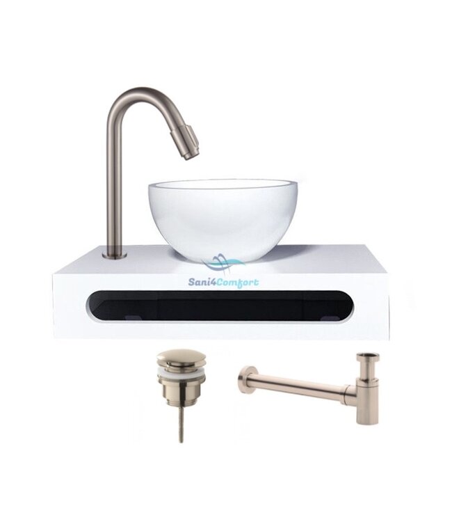 SaniPro PARRO Mini Toilet Fonteinset met Handdoekhouder Solidsurface waskom Zwarte Kraan met draaiknop Pushup en Sifon 40x22x8cm