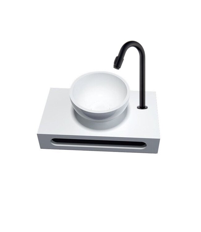 SaniPro PARRO Mini Toilet Fonteinset met Handdoekhouder Solidsurface waskom Zwarte Kraan met draaiknop Pushup en Sifon 40x22x8cm