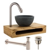 Parro Mini Toilet Fonteinset met Handdoekhouder RVS Kraan Sifon en Push-UP Waskom Natuursteen