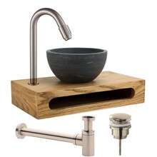 Parro Mini Toilet Fonteinset met Handdoekhouder RVS Kraan Sifon en Push-UP Waskom Natuursteen
