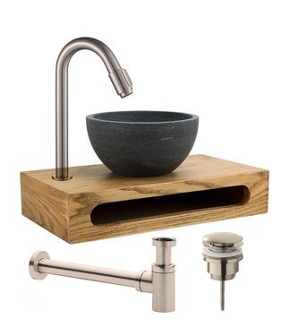 SANI-SUPPLY Parro Mini Toilet Fonteinset met Handdoekhouder RVS Kraan Sifon en Push-UP Waskom Natuursteen