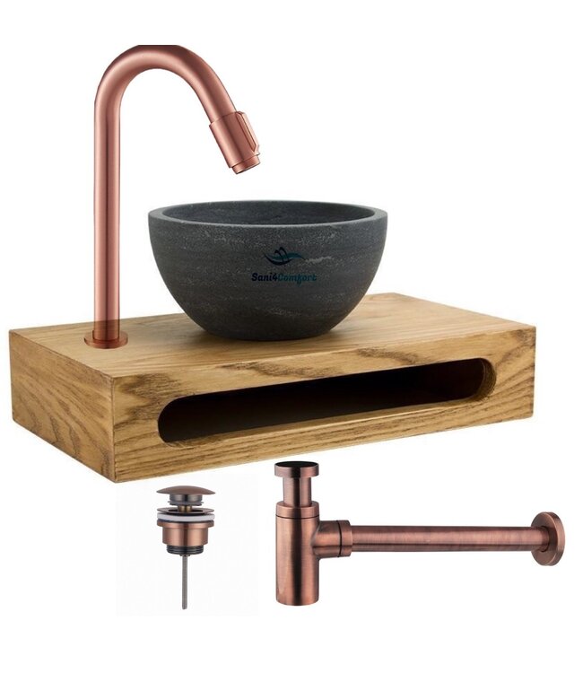 Parro Mini Toilet Fonteinset met Handdoekhouder RVS Kraan Sifon en Push-UP Waskom Natuursteen