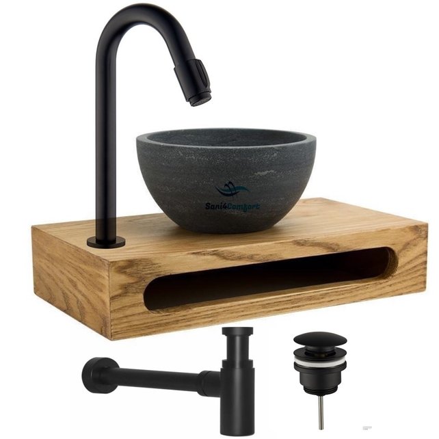 Parro Mini Toilet Fonteinset met Handdoekhouder RVS Kraan Sifon en Push-UP Waskom Natuursteen