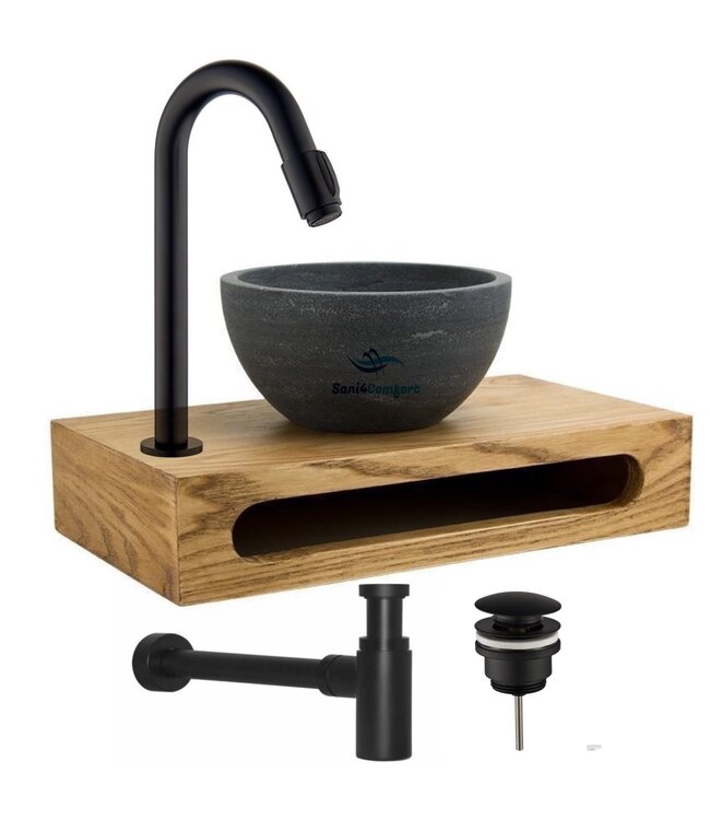 Parro Mini Toilet Fonteinset met Handdoekhouder RVS Kraan Sifon en Push-UP Waskom Natuursteen