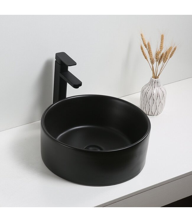 SaniPro Salerno Waskom Mat Zwart Opbouw Rond 40x40x15cm Keramiek zonder overloop